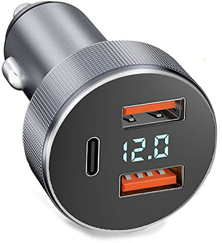 72W Dual Port Car Charger Metal Cigarette Lighter Splitter with LED Voltmeter for Samsung Galaxy S23, S22, Ultra, 5G, Plus, Note 20, iPhone 14, iPhone 13, 12, Pro, Max, Mini and More (Silver)