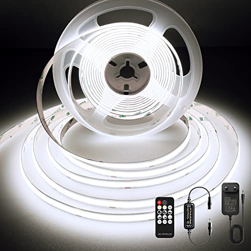 BERIXDEEP COB LED Streifen 5m Dimmbar, 480 LEDs/m, 24V, Kaltweiß, 6000K | LED Strip Schneidbar mit Fernbedienung ür Wohnzimmer, Spiegel, TV, Küchenunterschrank, Haus Dekoration, 8mm, 95lm/w, CRI 92