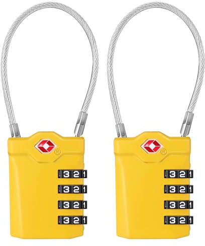 ZHEGE TSA Approved Luggage Locks, Suitcase Padlocks (Yellow, 2P) | White Code Padlock with Open Alert Indicator, 5.5in Flexible Cable Travel Padlock, 4 Digit Combination Padlock for Gym Locker