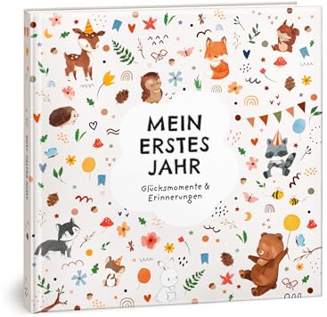 Mein erstes Jahr Babyalbum - Hochwertiges Babytagebuch mit Prägung für die schönsten Erinnerungen - Erinnerungsbuch zum Eintragen für das erste Lebensjahr - GB23 Baby Geschenk zur Geburt: Boho Tiere