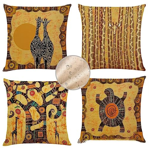 Housse Coussin 60x60cm Coussin Extérieur Imperméable Lin Housse de Coussin Conception Ethnique Tribale Lot de 4 Housses de Coussins Décoratifs Housse Coussin Canapé pour Jardin Déco Taie Oreiller S296