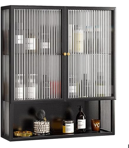 PHSP Wandschrank Mit Doppelglastüren Dekorativer Aufbewahrungsschrank Für Das Wohnzimmer Schlafzimmerartikel, Die Schränke Organisieren Badezimmer-Küchen-Wandschrank (Schwarz, 70*60*15 cm)