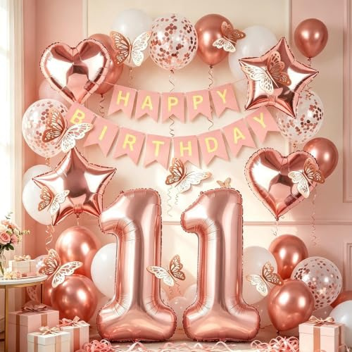 Deko 11. Geburtstag Mädchen, Rosegold Luftballon 11. Geburtstag, Happy Birthday Girlande und Schmetterlinge Deko, Roségold 11 Jahr Mädchen Deko Geschenk