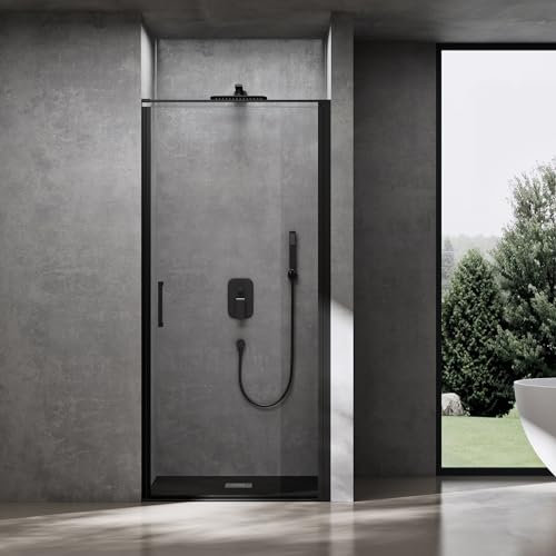 Sogood Porte de Douche Pivotante Transparente 75x195cm Paroi de Douche Noir pour Niche Verre de 8mm avec Revêtement Anti-calaire Teramo36K