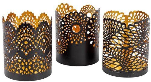 Gadgy Portavelas de té negro y dorado, juego de 3, metal con diseño de encaje, 8,5 x 10,5 cm