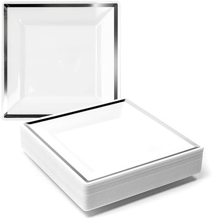 MATANA 40 Weiße Dessertteller aus Plastik mit Silbernem Rand für Hochzeiten, Geburtstage, Taufen, Weihnachten & Partys (Eckig), 16,5cm - Mehrweg & Stabil