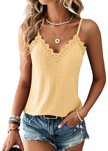 Haibang Camiseta Sin Mangas Mujer Verano Cuello en V Top de Encaje Sexy Holgado Camisetas Tirantes Elegante Tank Top Suave Transpirable Malla Chalecos Top Lencero Informal Encaje Blusas