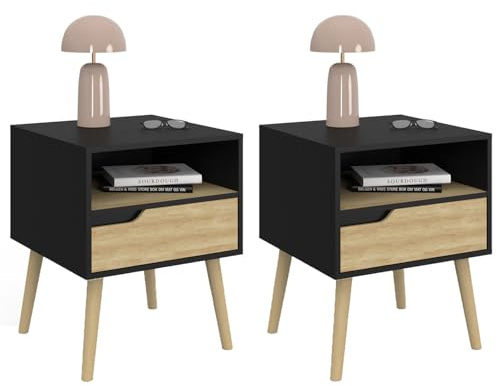 IDMarket - Set aus 2 Nachttischen Helsinki skandinavisch 1 Schublade mit Nische schwarz und Bucheffekt
