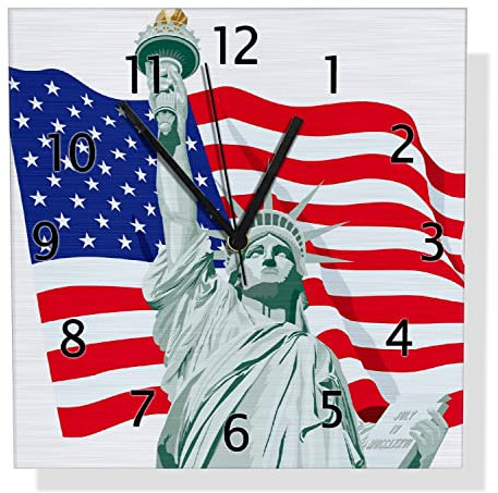 Wallario Design Wanduhr Freiheitsstatue USA aus Aluverbund, Alu-Uhr Größe 30 x 30 cm, Schwarze Zeiger mit Metalloptik