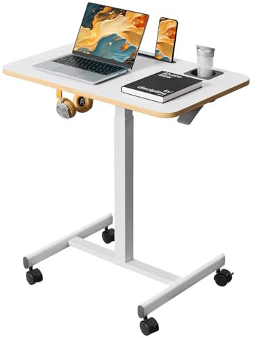 Liftsync Mobile Standing Desk, Rolling Laptop Cart Adjustable Height with Cup Holder, 28 inch Portable Table with 4 Lockable Wheels, White Computer Workstation with Hook and Slots for Home Office