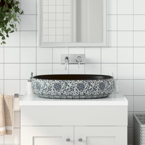 Homgoday Vasque à Poser Noir et Bleu Ovale 59x40x14 cm Céramique, Vasque à Poser, Lavabo de Salle de Bain Évier de Comptoir pour Toilettes, Vestiaires, WC d'invités