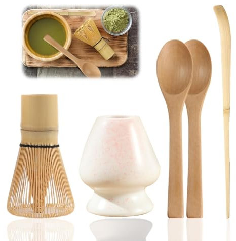 Osuter Ensemble Fouet Matcha de 5 Pièces Fouet Bambou Thé Matcha Fouet Matcha Bambou Porte-Fouet Traditionnelle Japonais Fouet Matcha pour Préparer Une Tasse (blanc rosé)