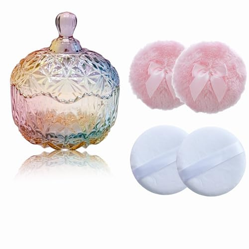 Qopoto 5 Pieces Large Body Powder Puff and Powder Container, Crystal Case for Dust Puff, Powder applicator with Box for Face and Body (Color, Crown)