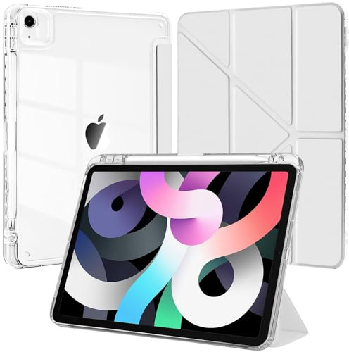 Coque pour iPad Air 11 M4/M3/M2 /Air 5/4/Pro 11 2022-2018 Étui Blanc | Porte Stylet Bumper TPU Souple Dos Transparent Support Y Fold Protection Antichoc Design Fin Léger Multi Angles Lecture Vidéo