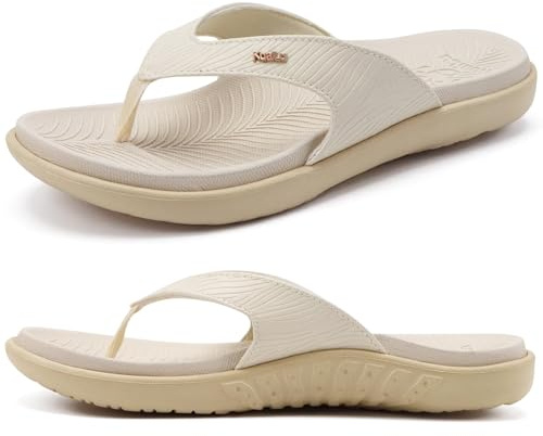KuaiLu Chanclas de Mujer 2025 Ortopedicas Yoga Mat Elegante Ligero Verano Slip On Playa Thong Sandalias con Cómodo Fascitis Plantar Soporte del Arco, Beige EU36