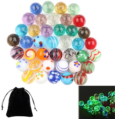 LongZYU 40 Pezzi Biglie in Vetro Colorate 16 mm Biglie Bambini contiene 20 Palline di Vetro Luminose e 20 Glass Marbles Multicolore per Giochi di Marmo Decorazioni Casa Riempitivi di Vasi