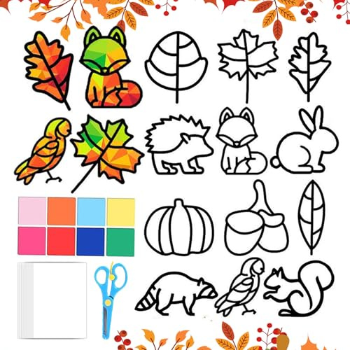 Herbst Bastelset Kinder, 12 Stück Herbstdeko Basteln Kinder, Bastelvorlagen Fensterbilder Herbst, Fensterbilder Herbst Kinders, DIY Bastelset Blätter Tier Deko Kinders Geschenk, Papierbastelsets