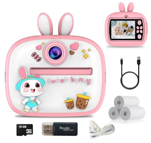 HTT GLOBAL Kids Camera Instant Print with 32GB Card & 3 Rolls Photo Paper, 1080P Video Children Cameras, Camera for kids, Birthday Gifts Childrens Selfie Toys for Boys & Girls Age 3-12, Pink