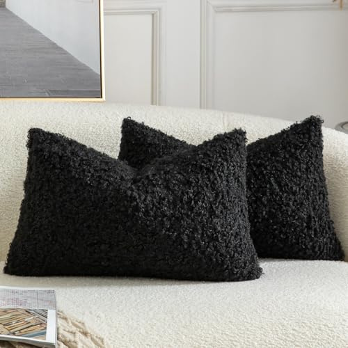 Yaertun 2er Set Kissenbezug Teddywolle Faux Pelz Dekorative Kissenbezüge Plüsch Bouclé Sofakissen Couchkissen Dekokissen Zierkissenbezug Deko Kissenhülle Schlafzimmer Wohnzimmer 30x50 cm Schwarz
