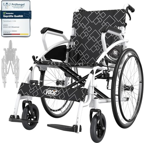 VOCIC U31 Rollstuhl Faltbar Leicht mit Selbstantrieb 150KG | Transportrollstuhl klappbar für Senioren Outdoor, 60CM Großreifen, 46CM Sitz, Doppelbremse, 17.5KG|Mondlichtweiß