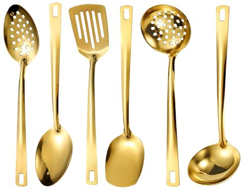 Juego de 6 utensilios de cocina dorados, juego de cubiertos, cubiertos dorados, juego de utensilios de cocina de acero inoxidable, con cuchillo, tenedor, cuchara, cutería para el hogar, restaurante