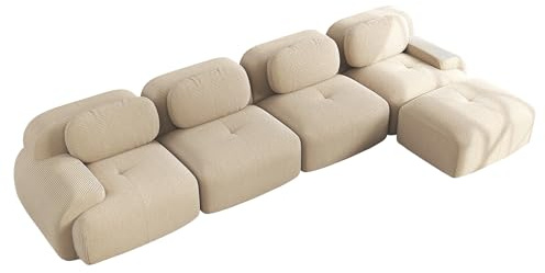 HAINEW Modern 4-sitsig soffa av manchestertyg med 1 ottoman, boneless hörnsoffa, soffa, stoppad soffa med böjda armstöd och halkfri undersida, gör-det-själv fri skarvning (beige, 4-sits + 1)