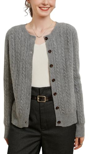DISSA Damen Langarm Kaschmir‑Wolle Strickjacke Rundhals,EU 38-42 | Büro Schichtenlook,klassischer Zopfmuster‑Strick,holzartige Knöpfe,gerippte Besätze,leichter Fall,feste Nähte