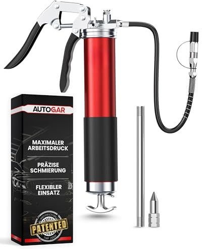 AUTOGAR® Einhand-Fettpresse mit Schlauch & Zubehör I 8000 PSI Hochdruckpresse für 400 g Kartuschen I Kartuschenpresse für KFZ, Industrie & Werkstatt I Präzise Schmierung schwer zugänglicher Stellen | Komplettset mit Schlauch, starrem Rohr und Verriegelungskupplung für präzise Schmierung.