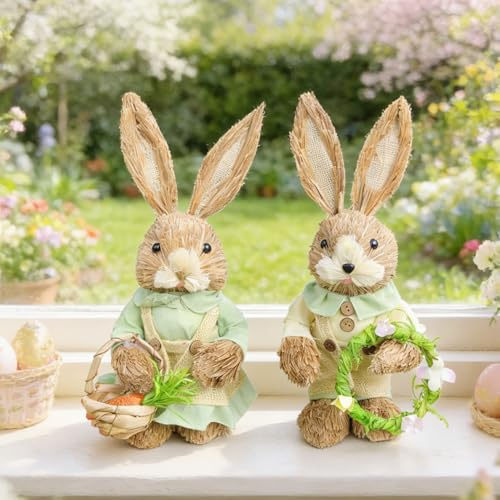 Xevinas 2 Stück Osterhasen Figuren, 35 cm Stroh Osterhase Deko, Stehende Osterdeko Aus Handgeflochtene, Niedlich Deko Hase Moderne Frühlingsdeko Osterschmuck Für Tisch, Fensterbank, Geschenkset (A)