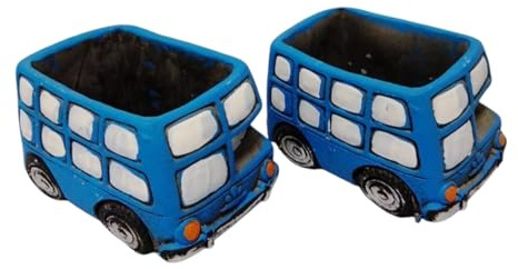 Divas World Pack of 2 Decorative Blue Bus Planters for Indoor Outdoor Use | Novelty Vehicle Plant Pots for Home Garden