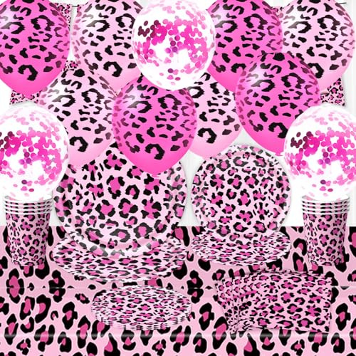 Leopard Partygeschirr Set für 20 Gäste, Leoparddruck Geburtstag Party Teller Servietten Tassen Tischdecke + Luftballons, Pinkes Mädchen-Mode-Party-Set Neu eingetroffen