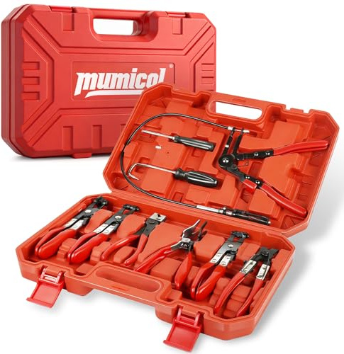 MUMICOL 9PCS Hose Clamp Pliers Set, Locking Long Reach Hose Clamp Tool for Automotive, Flexible Wire Radiator Coolant Heater Hose Removal Pliers with Case for DIY Home Use