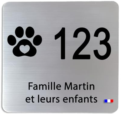 Plaque de porte personnalisée 8x8 cm – pictos animaux, loisirs, symboles– Acrylique Or ou Argent brossé – Numéro + 3 lignes – Gravure laser premium – Fabrication Française (Alluminium Brossé)