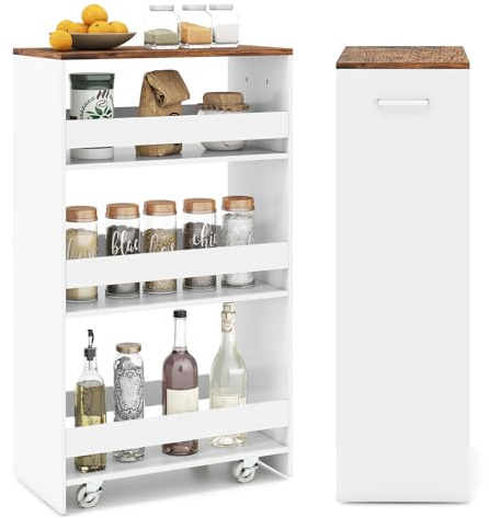 COSTWAY Carro de Almacenamiento Estrecho de 4 Niveles, Carrito Auxiliar con Ruedas, 4 Estantes, Barandillas Anticaídas y Asa, Ahorra Espacio, Carrito para Cocina, Baño (47,5x25x80 cm,Blanco y Marrón)