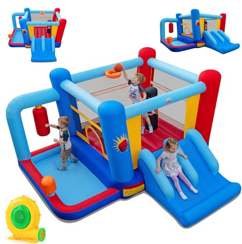COSTWAY Château Gonflable avec Double Toboggans et Souffleur 550W, Aire de Jeux Gonflable avec Maison de Saut et Sacs de Frappe, Piscine à Balles, Panier de Basket, Intérieur Extérieur, 3-12 Ans