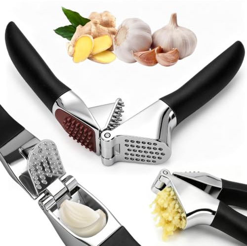Spremiaglio in acciaio inox e lega di zinco con impugnatura antiscivolo, schiaccia aglio resistente per aglio e zenzero, durevole e lavabile in lavastoviglie