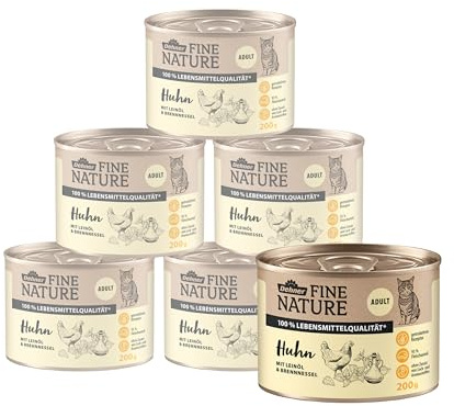 Dehner Fine Nature Katzenfutter, Nassfutter getreidefrei, für ausgewachsene Katzen, Huhn, 6 x 200 g Dose (1.2 kg) | getreidefrei, für ausgewachsene Katzen