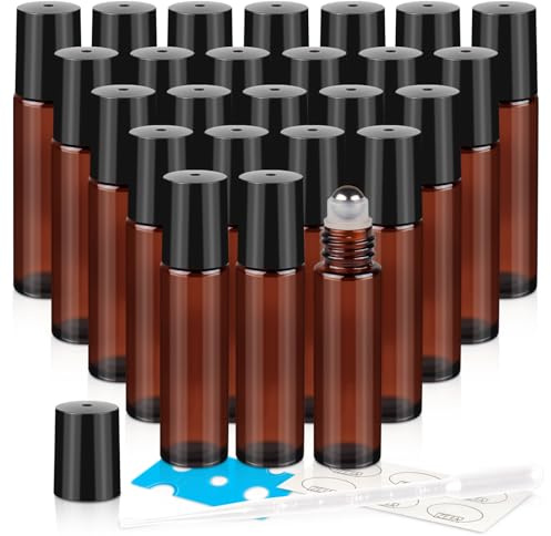 ZEJIA Lot de 24 flacons roller de 10 ml en verre épais ambré avec bille en acier inoxydable et 2 compte-gouttes