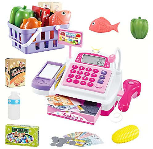 Sotodik 34 Stück Kasse Kinder Rollenspiel Supermarkt Spielzeug Kaufladen Kaufmannsladen Zubehör Registrierkasse Supermarktkasse mit Geld，Lebensmittel，Kreditkarte Geschenk für Kinder Mädchen ab 3Jahren
