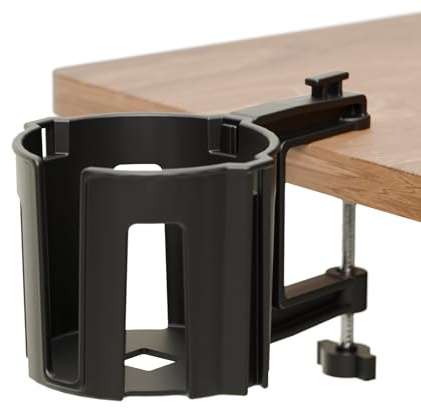 Original Large Desk Cup Holder Clamp – Cup-Holster, The Anti-Spill Cup Holder Mount for Your Table, Office & Gaming Setup – Multi-Directional Drink Holder & Headphone Hanger