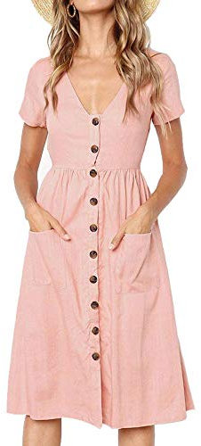 Summer Dresses for Women Casual Midi Dress Short Sleeve Shirt Dress V Neck Button Decoration Swing A Line Tunic Dress with Pockets Size L = UK 12-14 Pink