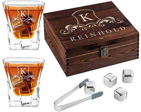 Maverton Whisky Steine Set - in Holzbox mit Gravur - 8 Eiswürfel & 2 Whisky Gläser wiederverwendbar - personalisierte Geschenke - Geschenke für Männer - Logo
