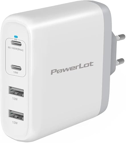 PowerLot 100W Cargador USB C GAN con 4 Puertos Cargador de Red, Compatible para MacBook Pro 13/14/15/16, DELL XPS, Surface, HP, Portátiles, iPad, iPhone 13 Pro MAX, Galaxy S22 Ultra, AirPods, etc.