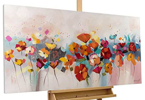 KunstLoft Leinwandbild | 100% HANDGEMALT | 120x60cm | Gemälde 'Harmonie der Farben' | Blüten | Rot Blau | Wandbild Wohnzimmer