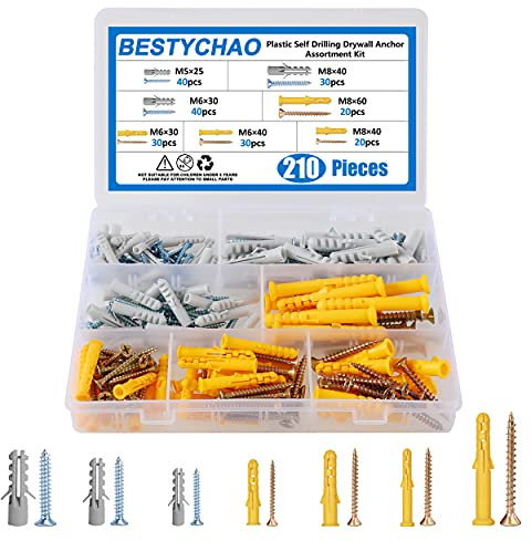 BESTYCHAO Set di Viti e Tasselli a Muro, 210 Pezzi 7 Taglie Ancoraggio a Parete Cavo in Plastica con Kit Assortimento di Viti per Muro a Secco Appeso e Montaggio M5 M6 M8