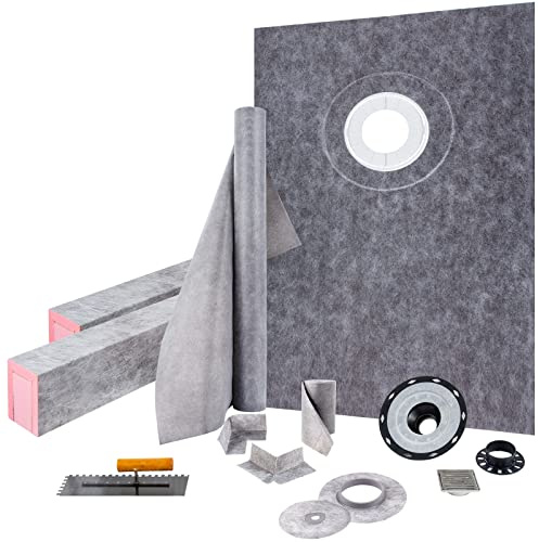 VEVOR Shower Curb Kit, 38x60 Watertight Shower Curb Overlay with 4 ABS Offset Bonding Flange, 4 Stainless Steel Grate, 2 Cuttable Shower Curb and Trowel, Shower Pan Slope Sticks Fit for Bathroom