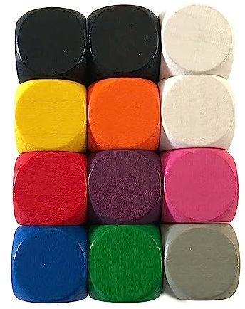 Blanko Würfel aus Holz für Brettspiele, 16 mm, zum selbst gestalten, Made in Germany (12 Würfel, 10 Farben: Weiß, Schwarz, Gelb, Rot, Blau, Grün, Orange, Lila, Pink, Grau)