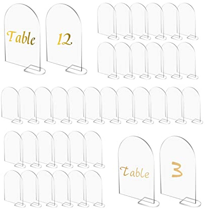 40 Stück transparentes Bogen-Acrylschild mit 40 Ständer, Acryl-Blanko-Platte, Sitzkarten, gewölbt, runde Oberseite, Gäste-Namen, Karten, Tischnummern für Hochzeit, Party, Veranstaltung, Dekoration