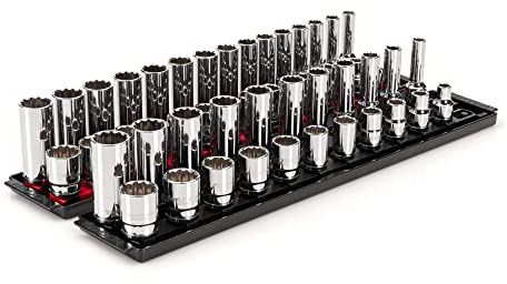 TEKTON 1/2-Zoll-Antrieb 12-kant Steckschlüsselsatz mit Schienen und Ablagen, 52-teilig (3/8-1 Zoll, 10-24 mm) | SHD92214