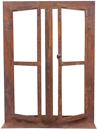 STEINFIGURENWELT GIEBEN Deko Fenster 80x60 cm hoch zum Öffnen auf Platte Sprossen Rost Edelrost Gartendeko Wetterfest Fensterrahmen Metallfenster